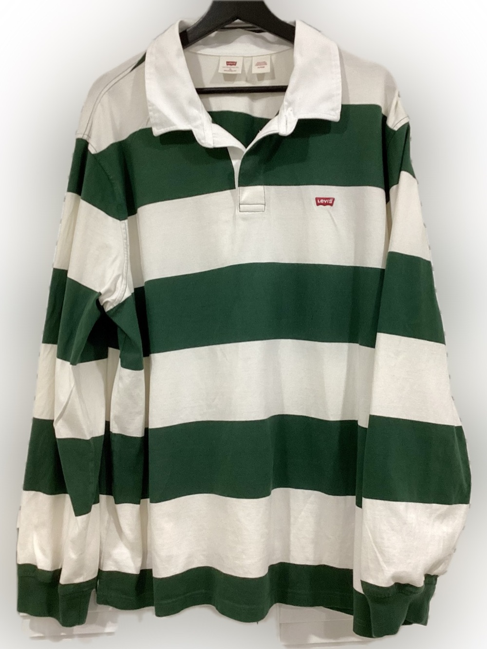 Levi’s Rugby Shirt Men’s XL Green White Stripe Relaxed Fit Long Sleeve Polo